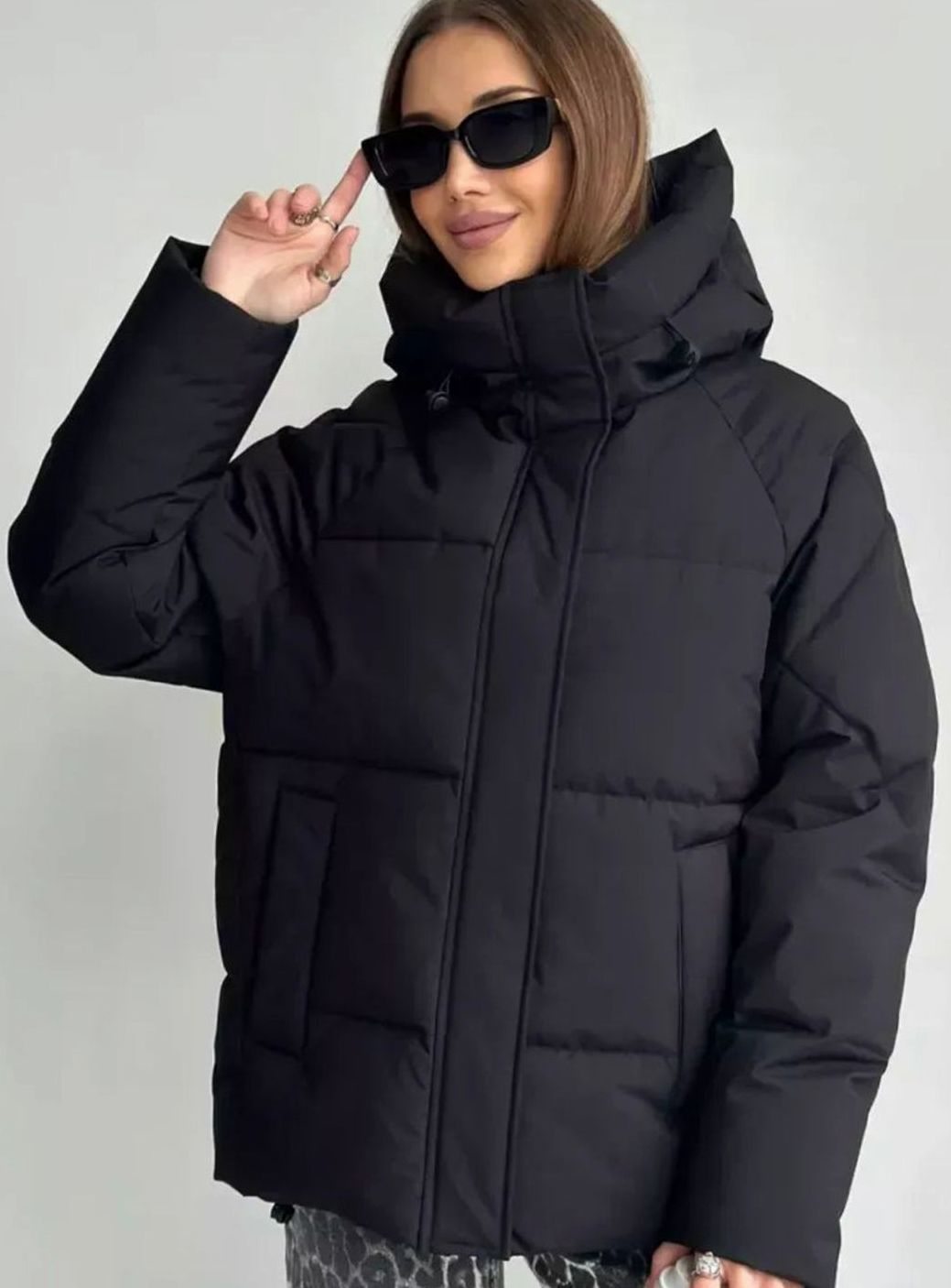 Women's Oversized Hooded Puffer Jacket Fleece-Lined Patch Pockets - Black