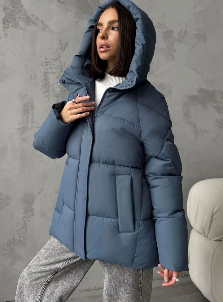 Women's Oversized Hooded Puffer Jacket Fleece-Lined Patch Pockets - Blue