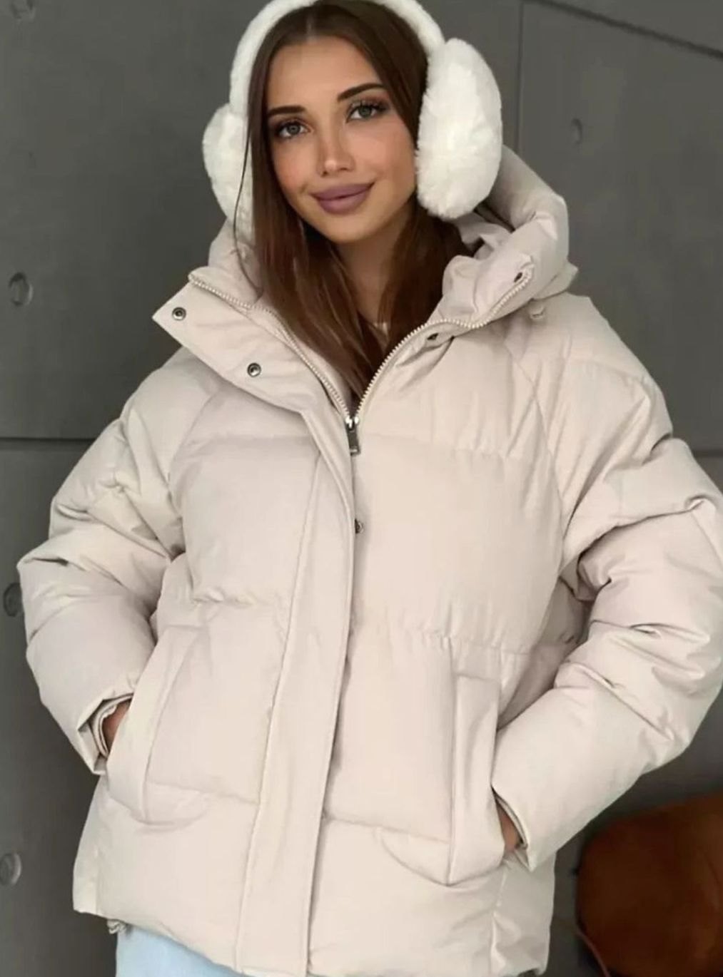 Women's Oversized Hooded Puffer Jacket Fleece-Lined Patch Pockets - Apricot