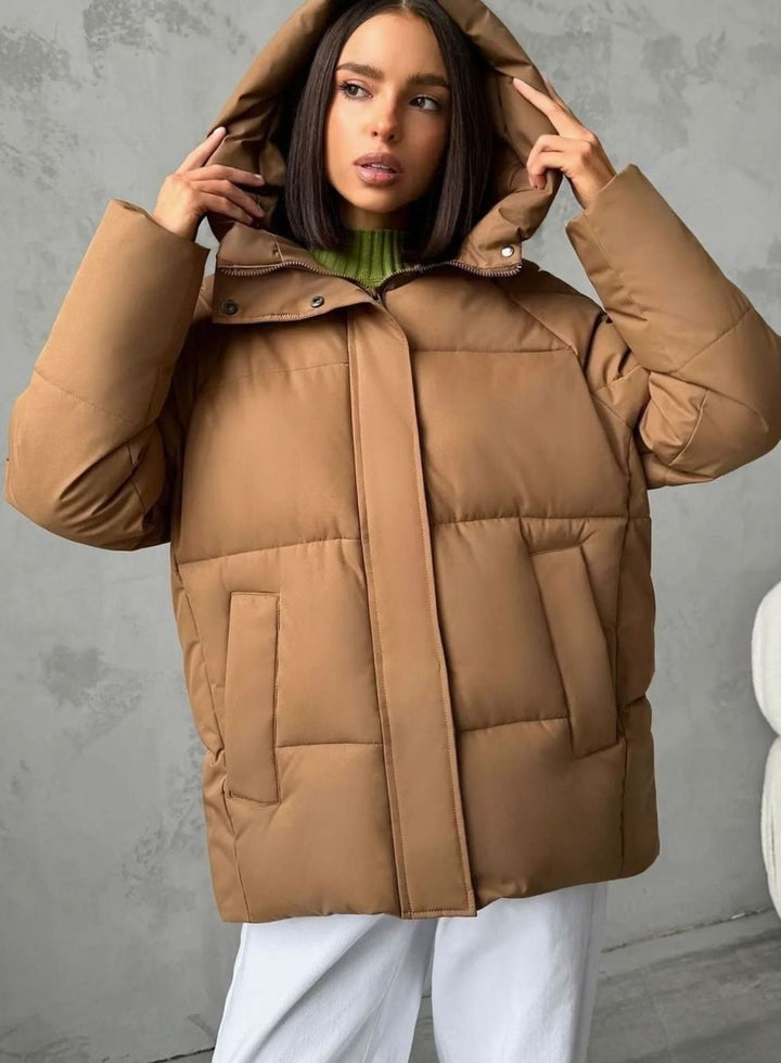 Women's Oversized Hooded Puffer Jacket Fleece-Lined Patch Pockets - Caramel