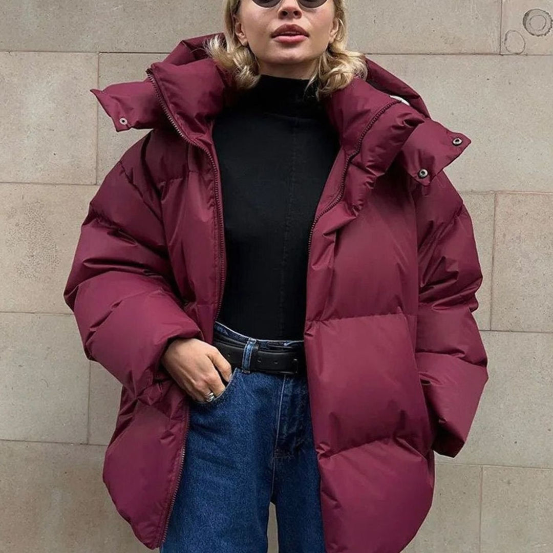 Women's Oversized Hooded Puffer Jacket Quilted Winter Coat, Black - Burgundy