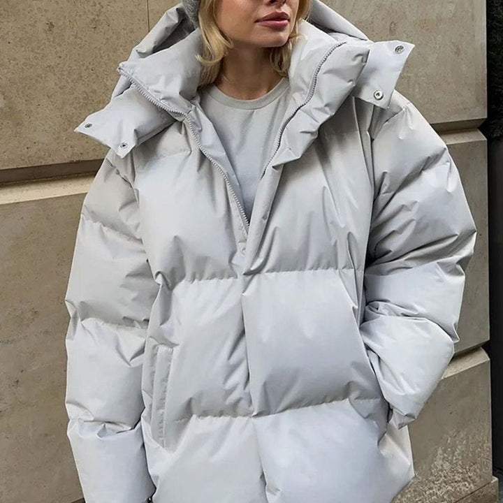 Women's Oversized Hooded Puffer Jacket Quilted Winter Coat, Black - Light Grey