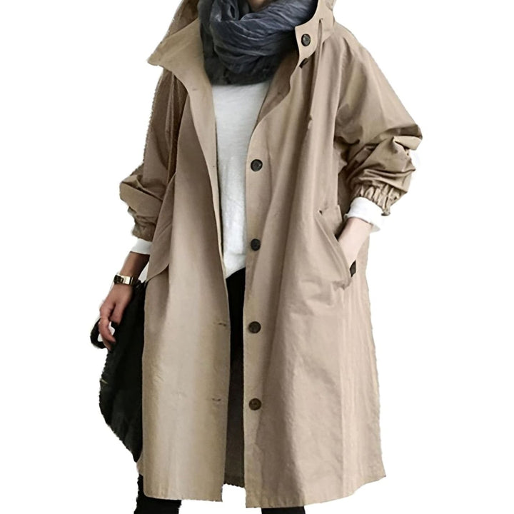 Women's Oversized Hooded Single-Breasted Trench Coat - Khaki