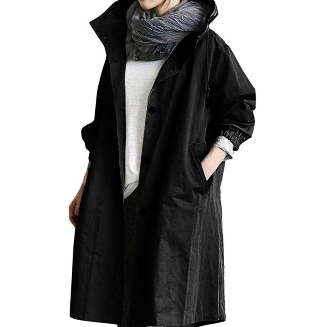 Women's Oversized Hooded Single-Breasted Trench Coat - Black