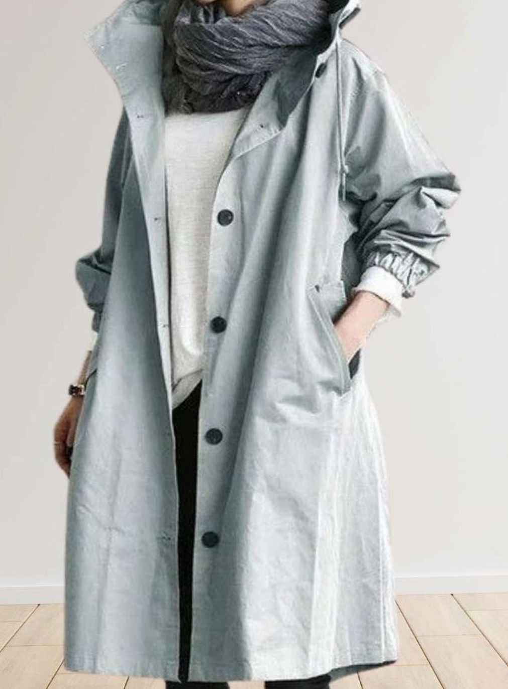 Women's Oversized Hooded Single-Breasted Trench Coat - Light Blue