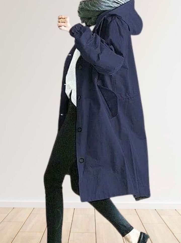 Women's Oversized Hooded Single-Breasted Trench Coat - Navy Blue