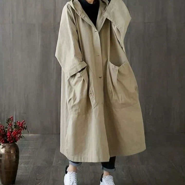 Women's Oversized Hooded Trench Coat Large Side Pockets, Khaki - Khaki
