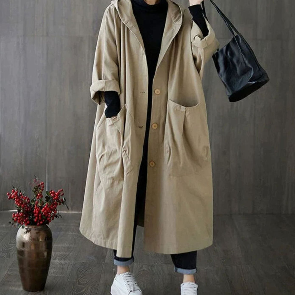 Women's Oversized Hooded Trench Coat Large Side Pockets, Khaki