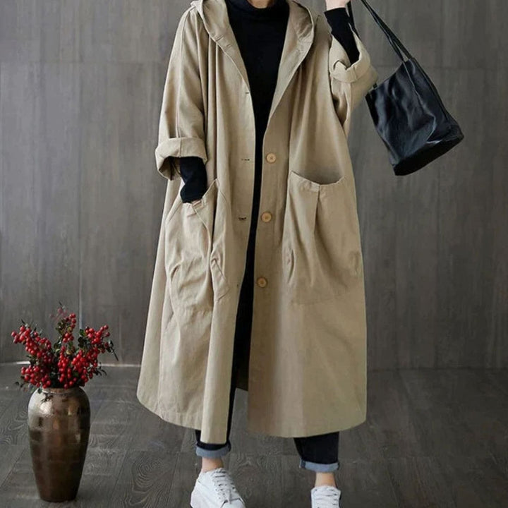Women's Oversized Hooded Trench Coat Large Side Pockets, Khaki