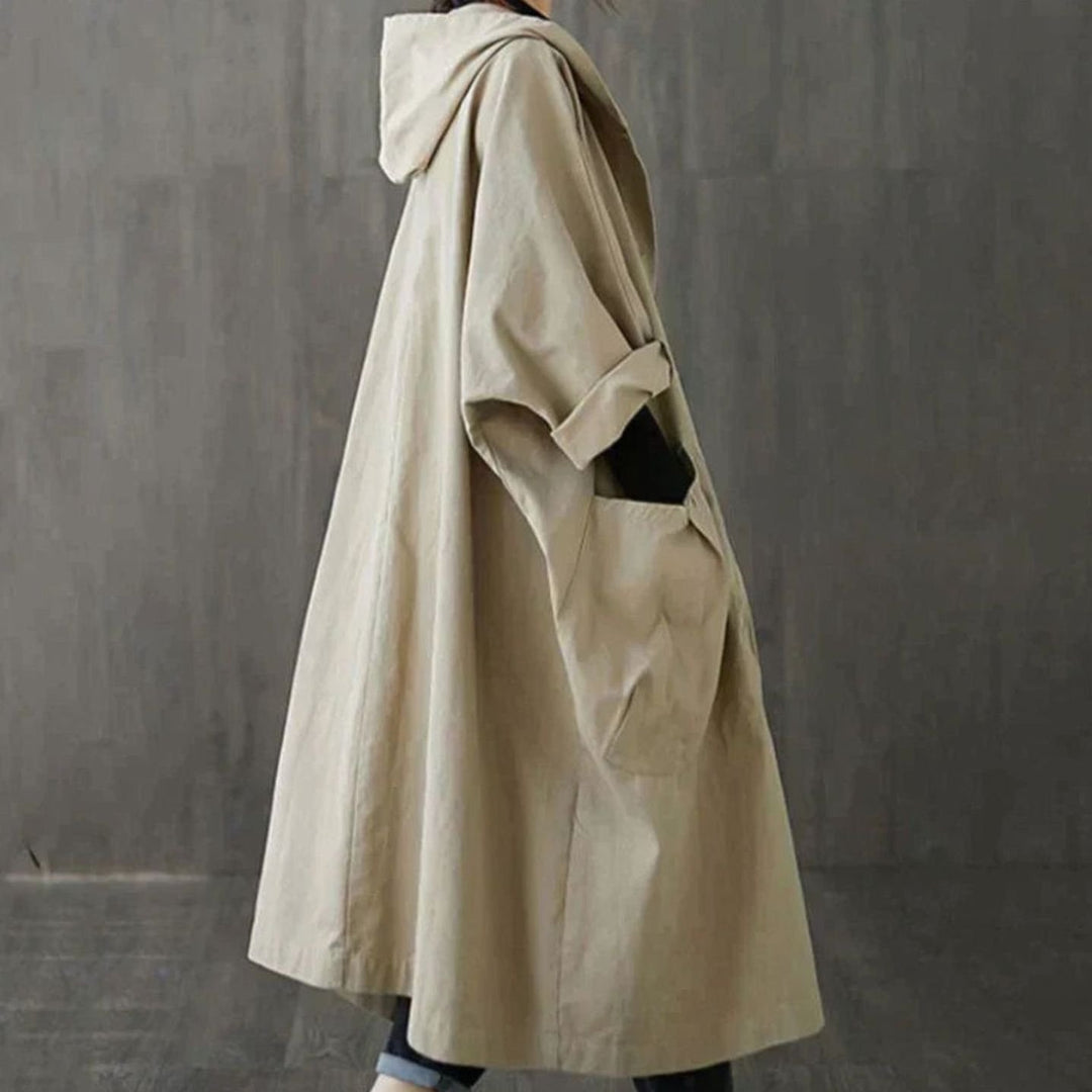 Women's Oversized Hooded Trench Coat Large Side Pockets, Khaki