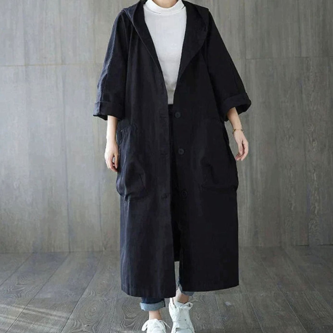 Women's Oversized Hooded Trench Coat Large Side Pockets, Khaki - Black