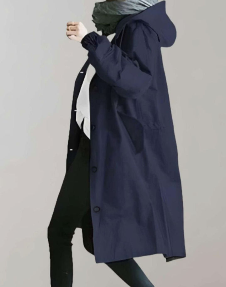 Women's Oversized Hooded Trench Coat Relaxed Fit - Navy Blue
