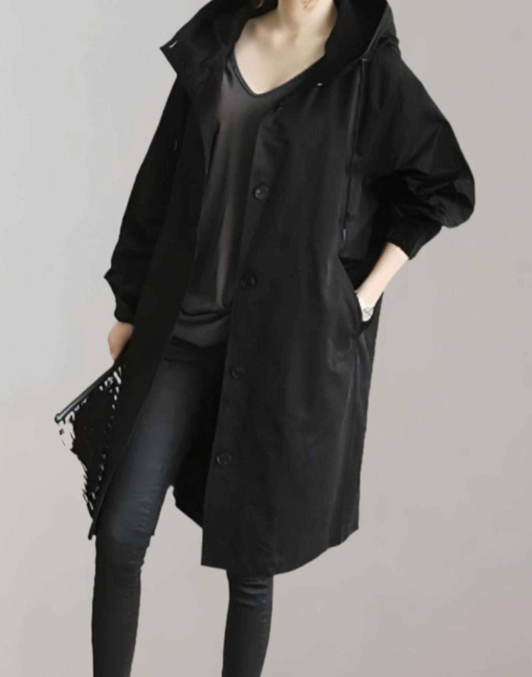 Women's Oversized Hooded Trench Coat Relaxed Fit - Black