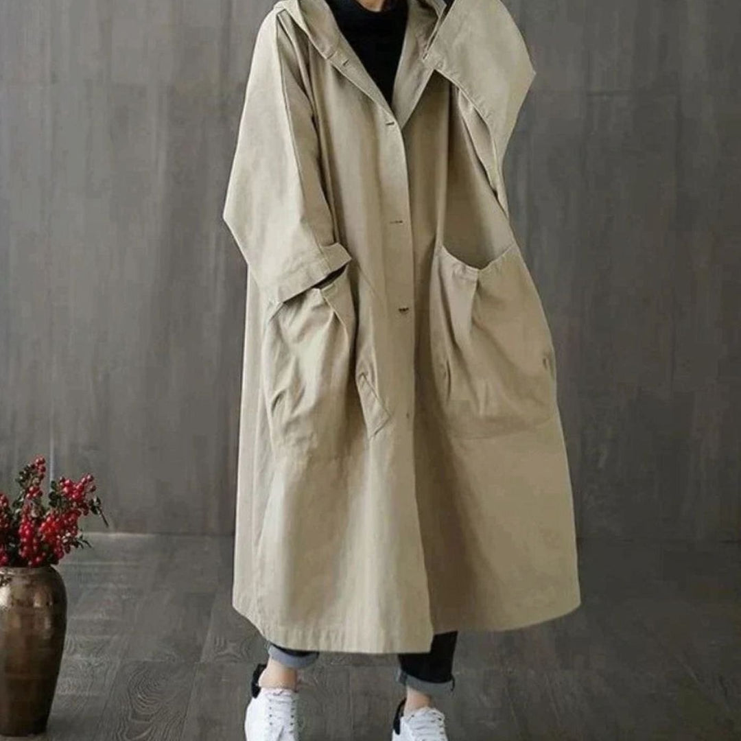 Women's Oversized Hooded Trench Coat with Large Pockets - Khaki