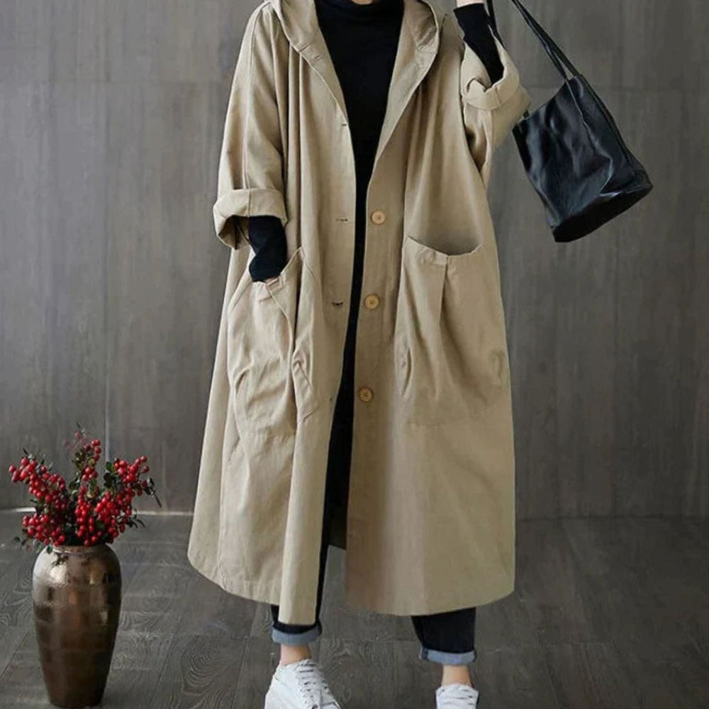 Women's Oversized Hooded Trench Coat with Large Pockets