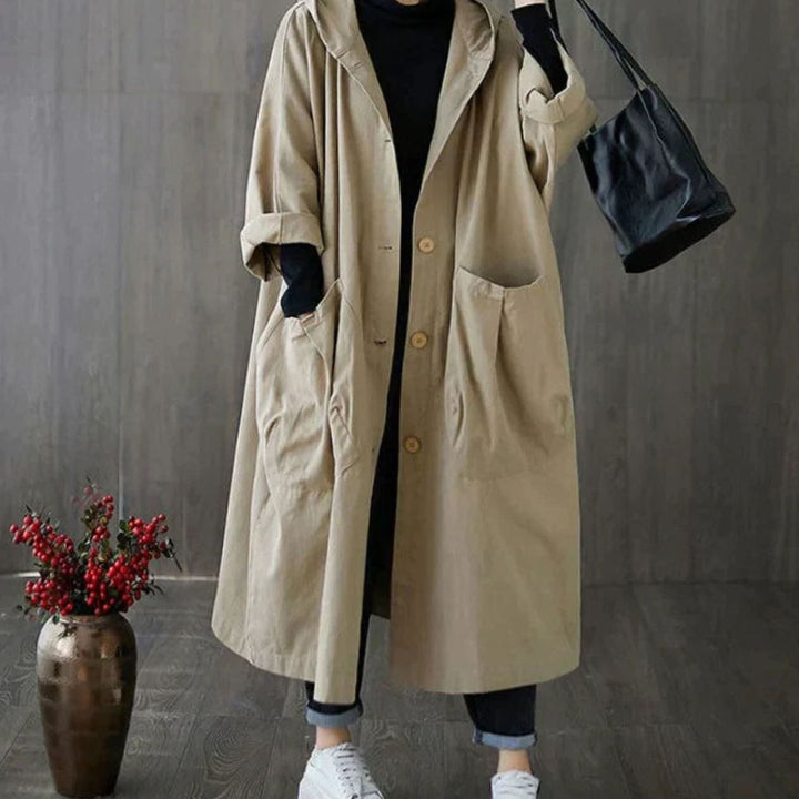 Women's Oversized Hooded Trench Coat with Large Pockets