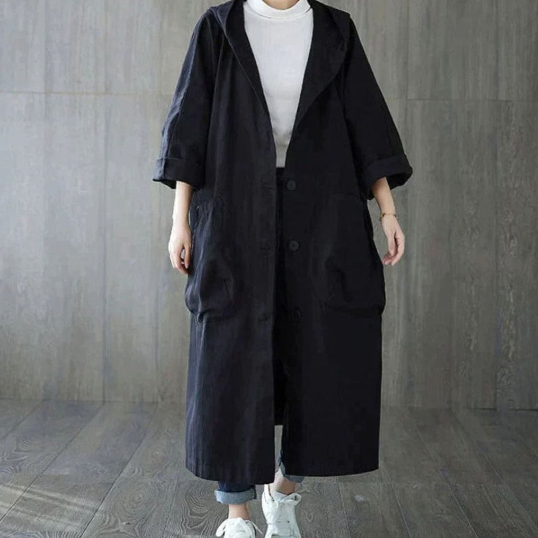 Women's Oversized Hooded Trench Coat with Large Pockets - Black