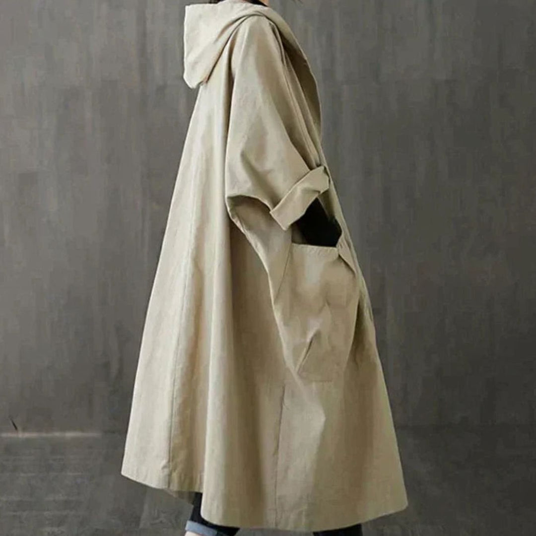 Women's Oversized Hooded Trench Coat with Side Pockets - Olive Brown
