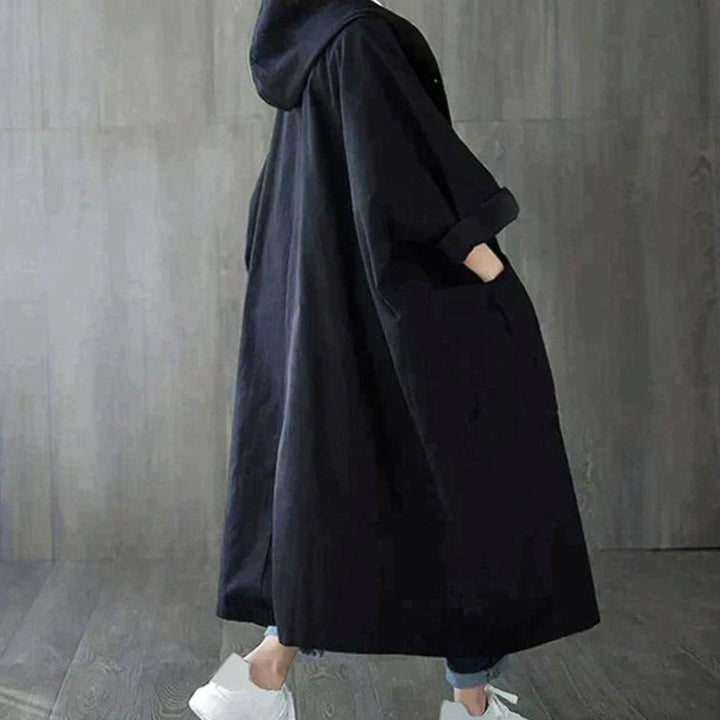 Women's Oversized Hooded Trench Coat with Side Pockets - Black