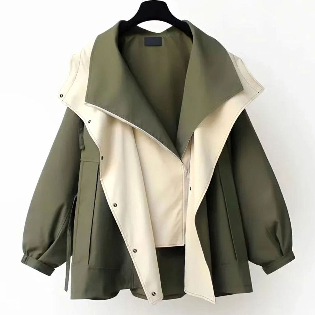 Women's Oversized Hooded Two-Tone Trench Coat, Olive Green - Green