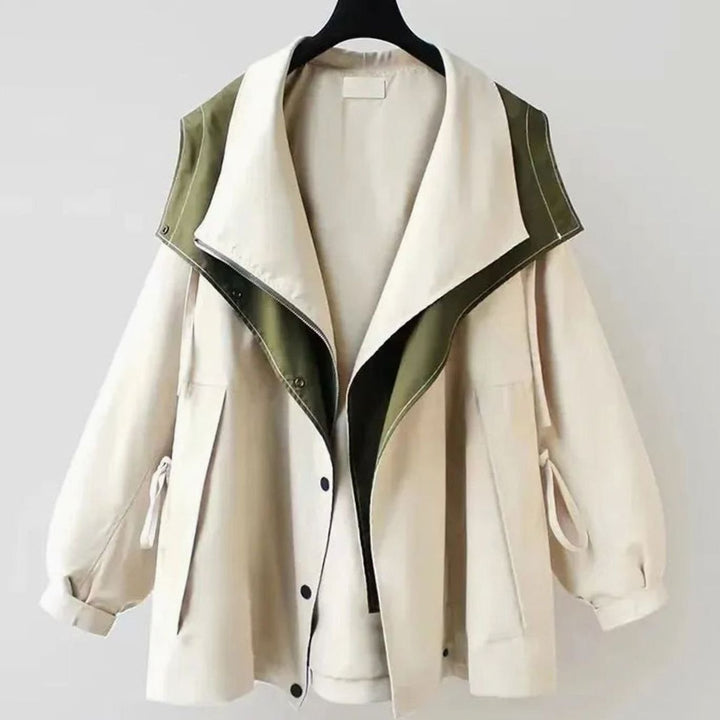 Women's Oversized Hooded Two-Tone Trench Coat, Olive Green - White