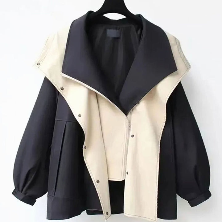 Women's Oversized Hooded Two-Tone Trench Coat, Olive Green - Black