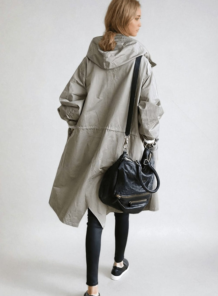 Women's Oversized Hooded Water-Repellent Trench Coat, Stone Grey