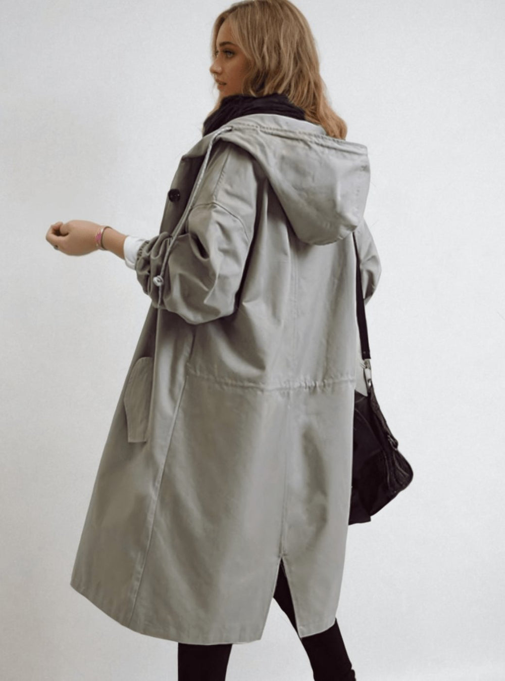 Women's Oversized Hooded Water-Repellent Trench Coat, Stone Grey