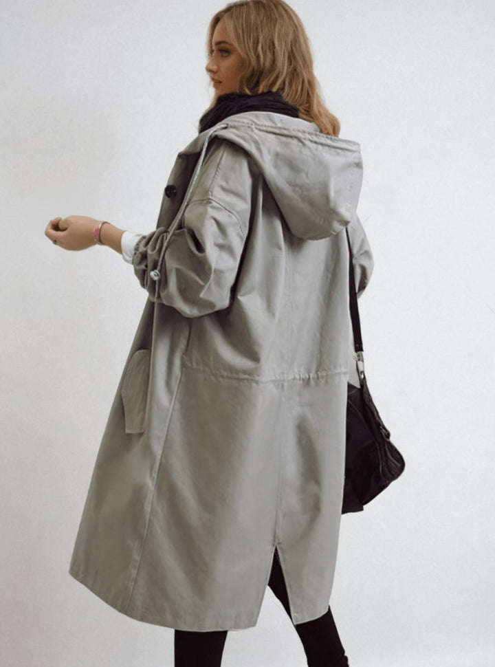 Women's Oversized Hooded Water-Repellent Trench Coat, Stone Grey