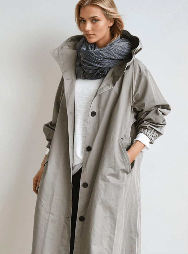 Women's Oversized Hooded Water-Repellent Trench Coat, Stone Grey - Grey