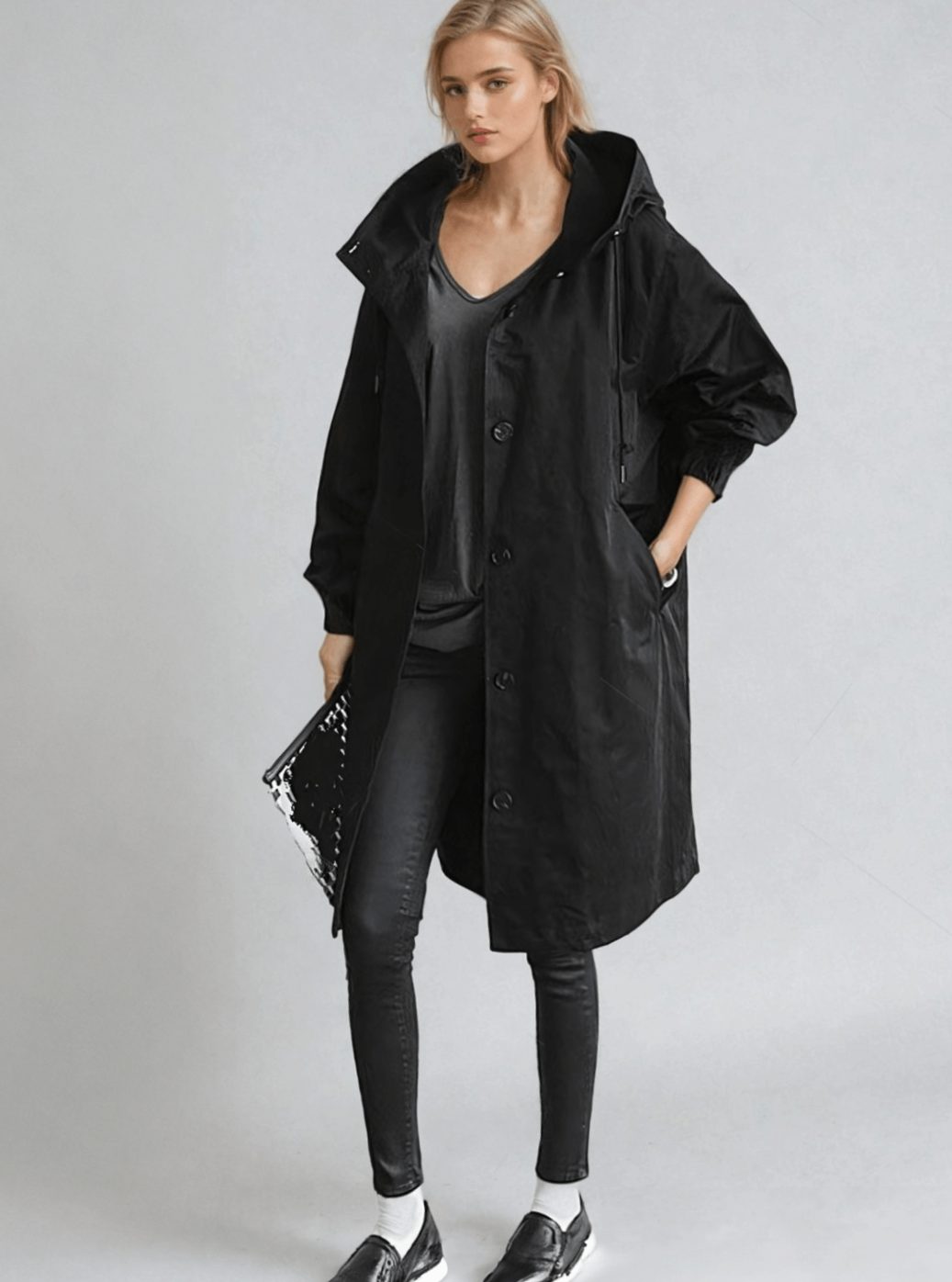 Women's Oversized Hooded Water-Repellent Trench Coat, Stone Grey - Black