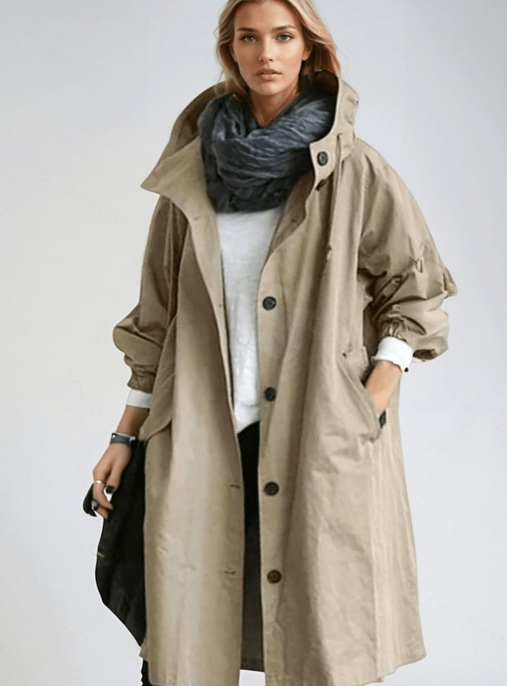 Women's Oversized Hooded Water-Repellent Trench Coat, Stone Grey - Brown