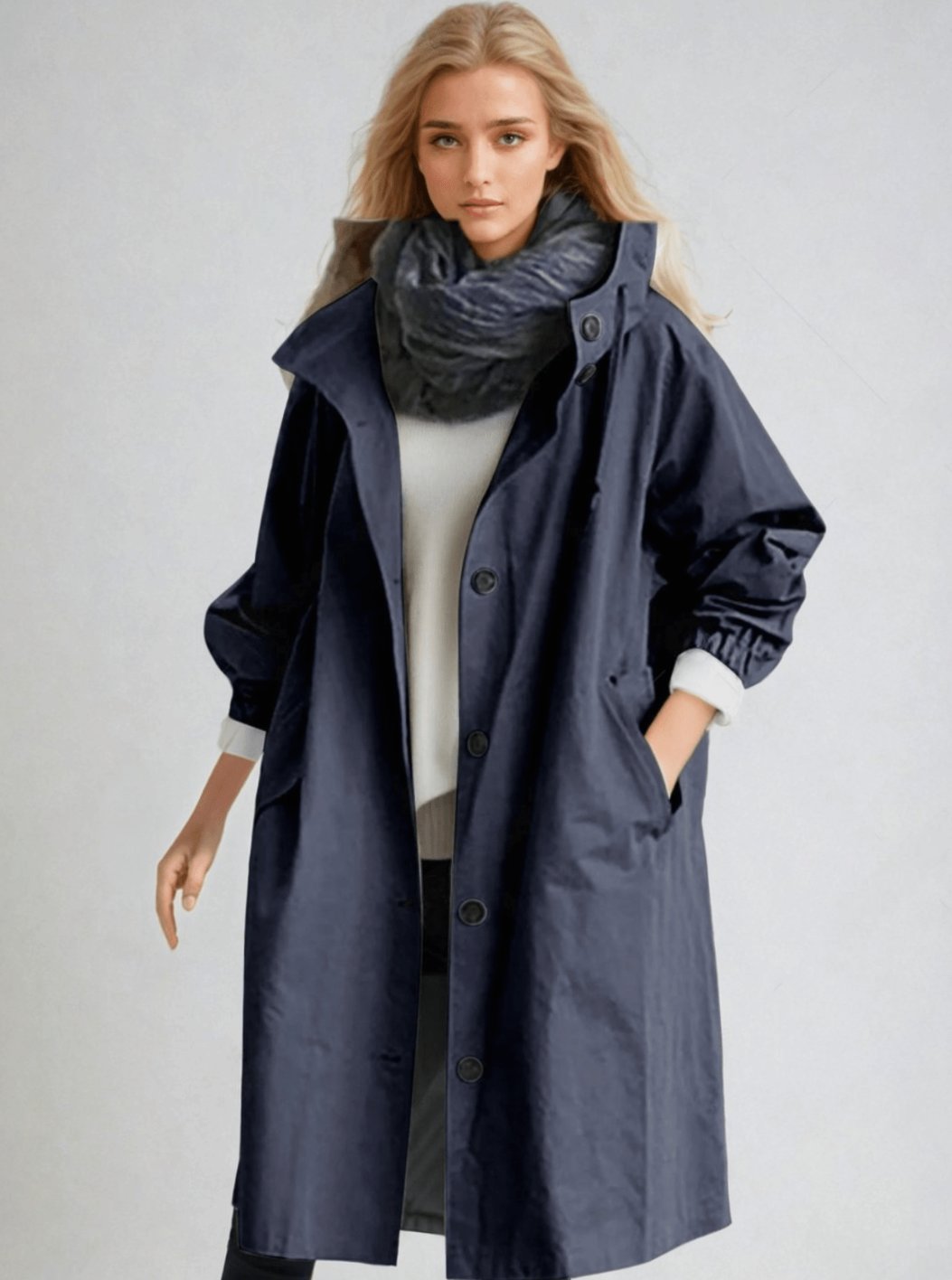 Women's Oversized Hooded Water-Repellent Trench Coat, Stone Grey - Navy Blue