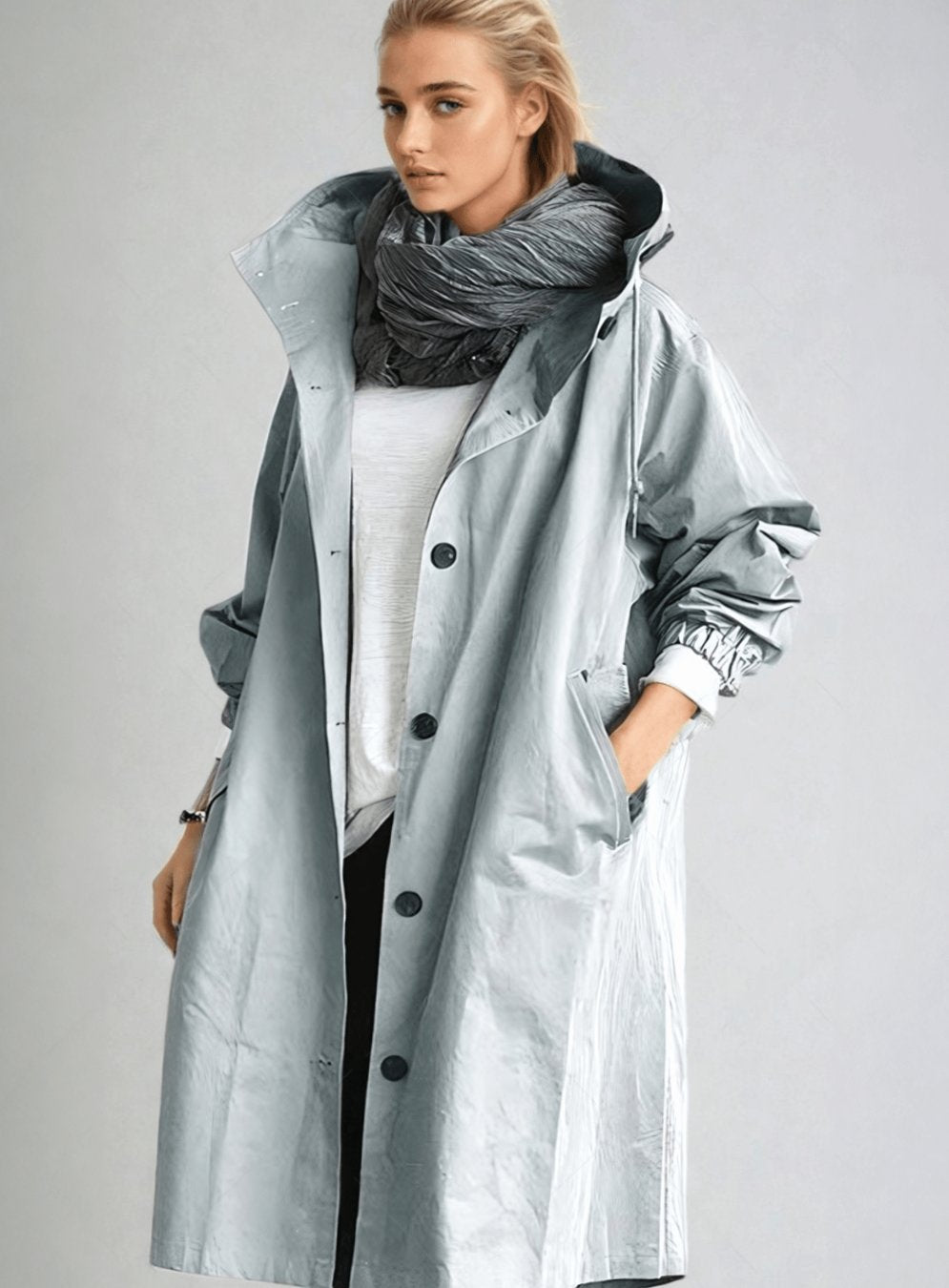 Women's Oversized Hooded Water-Repellent Trench Coat, Stone Grey - Light Blue