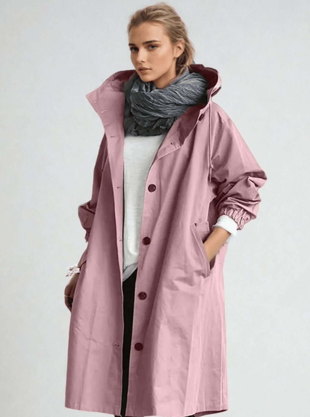 Women's Oversized Hooded Water-Repellent Trench Coat, Stone Grey - Pink