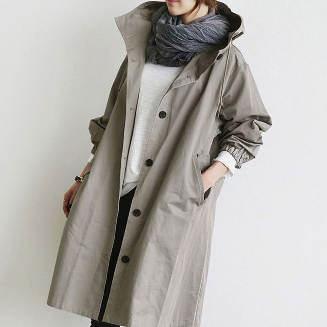 Women's Oversized Hooded Water-Repellent Trench Coat, Taupe - Grey