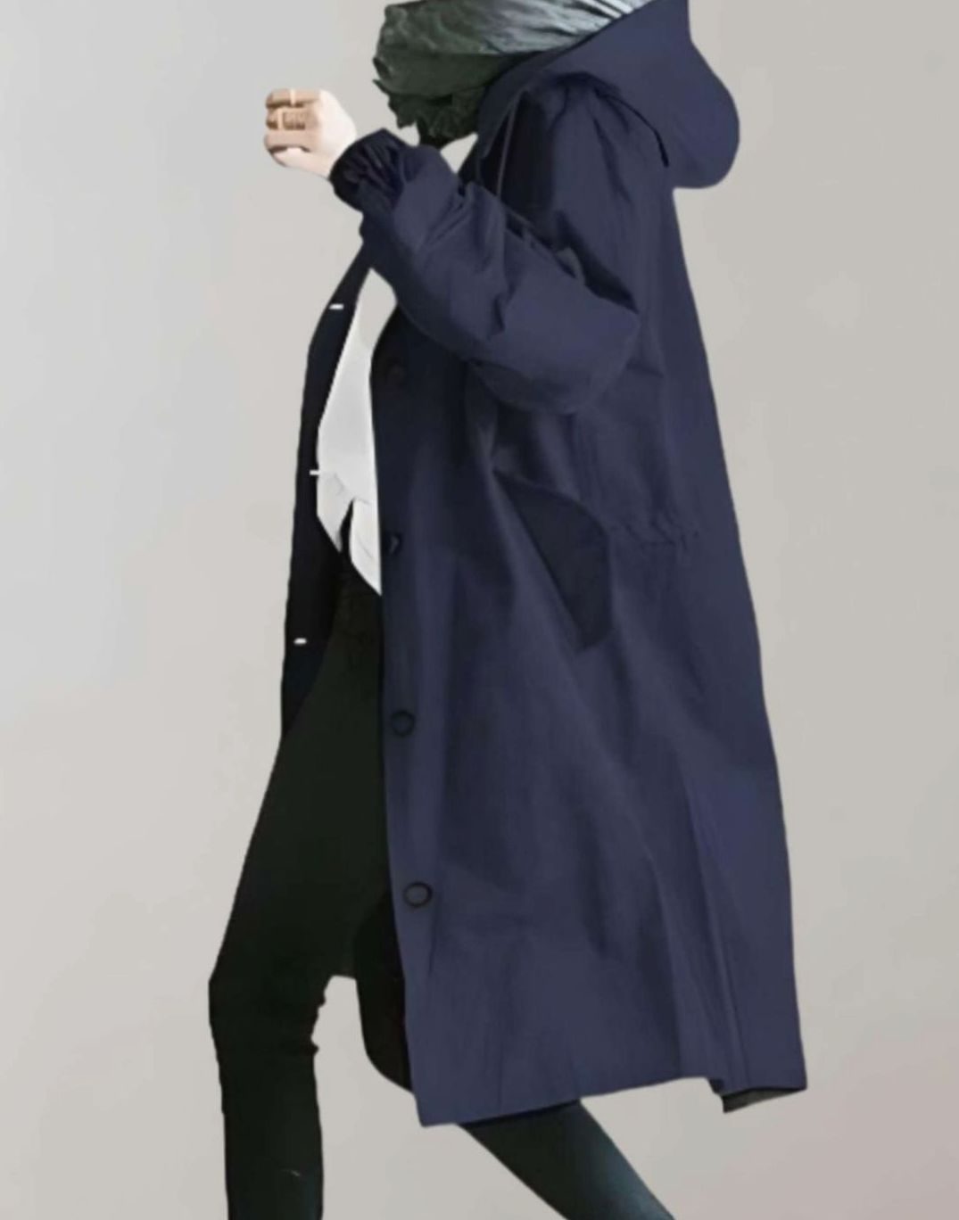 Women's Oversized Hooded Water-Resistant Trench Coat, Beige - Navy Blue
