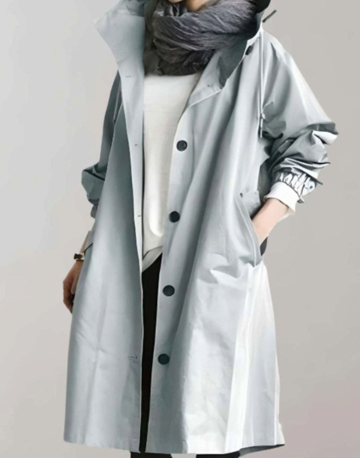 Women's Oversized Hooded Water-Resistant Trench Coat, Beige - Light Blue