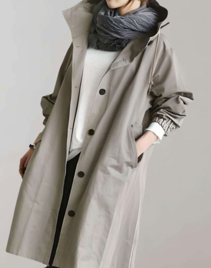 Women's Oversized Hooded Water-Resistant Trench Coat, Beige - Grey