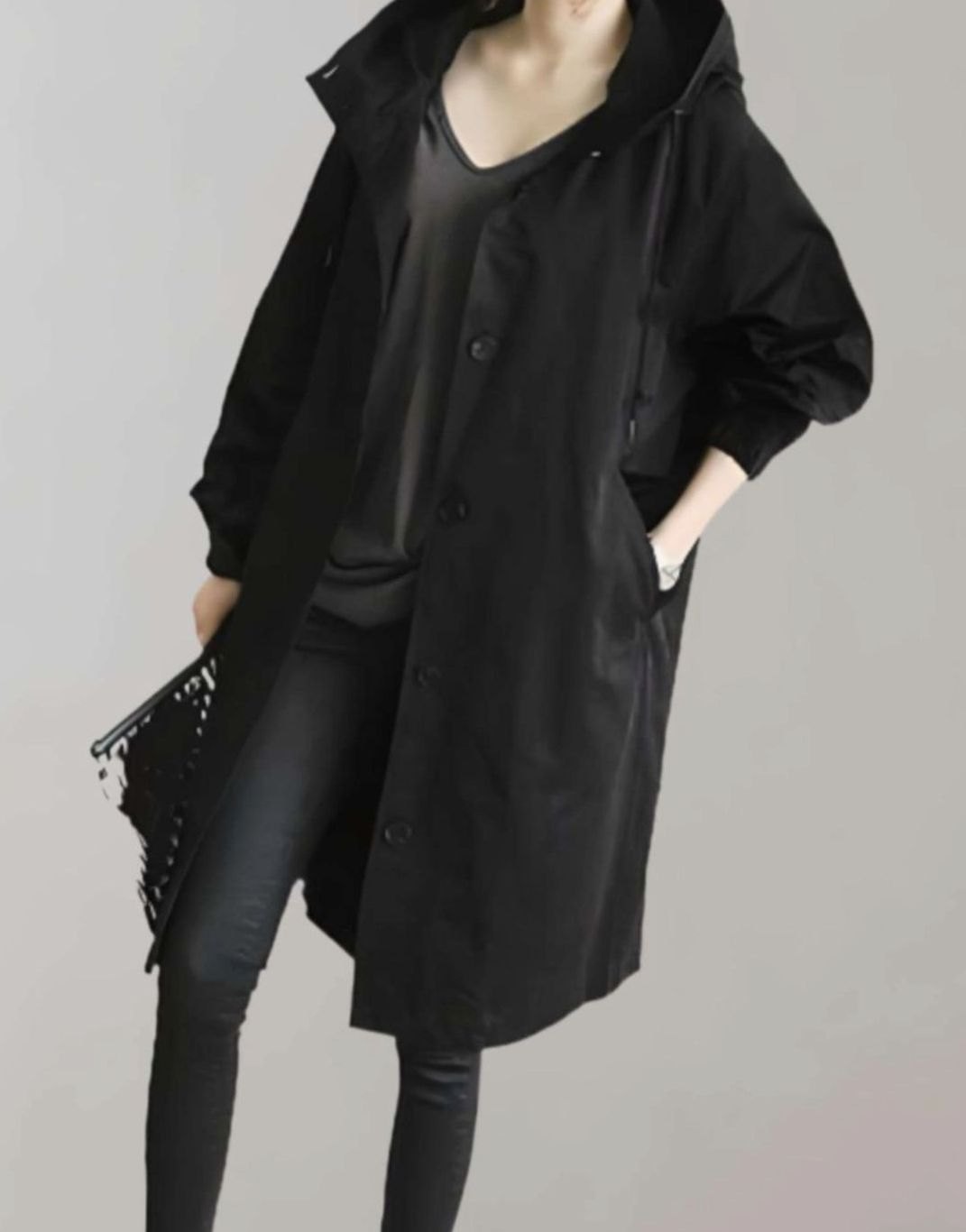 Women's Oversized Hooded Water-Resistant Trench Coat, Beige - Black