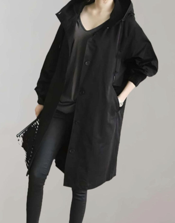 Women's Oversized Hooded Water-Resistant Trench Coat, Beige - Black