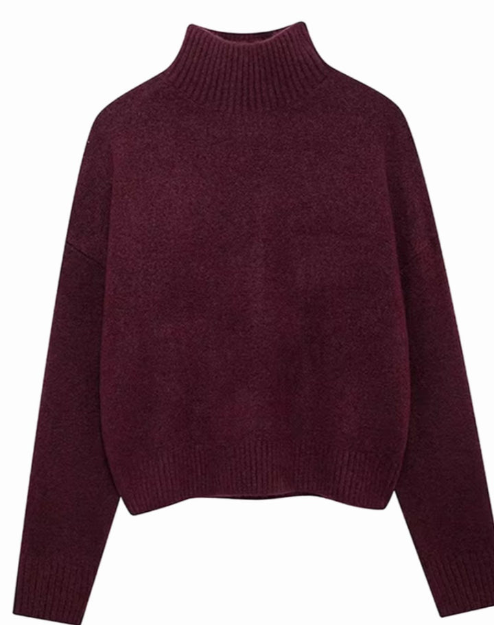 Women's Oversized Knit Turtleneck Jumper Relaxed Fit - Burgundy