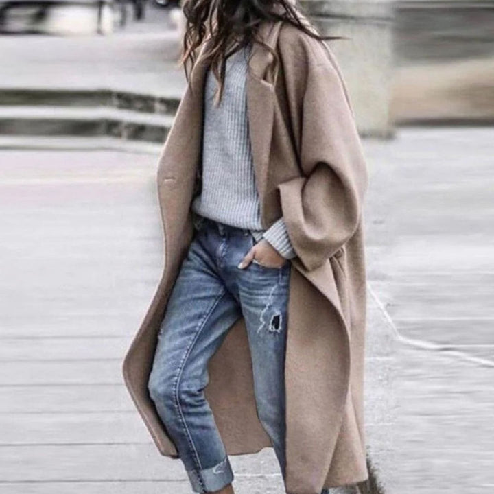 Women's Oversized Open-Front Longline Winter Trench Coat, Blue - Khaki