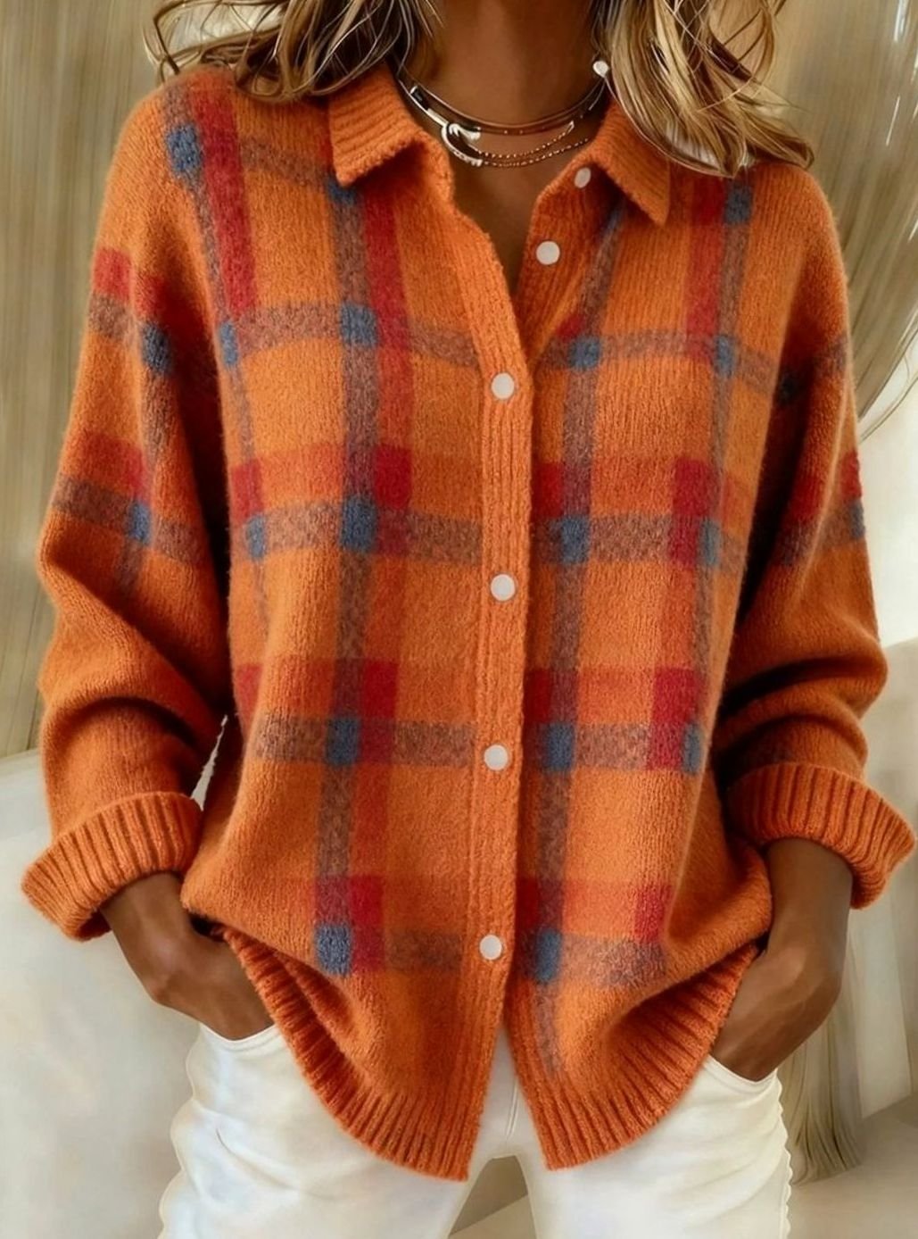 Women's Oversized Plaid Knit Button-Up Cardigan Jacket - Orange