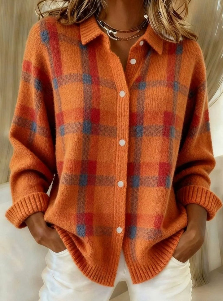 Women's Oversized Plaid Knit Button-Up Cardigan Jacket - Orange
