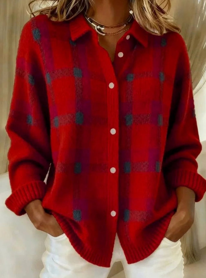 Women's Oversized Plaid Knit Button-Up Cardigan Jacket - Red