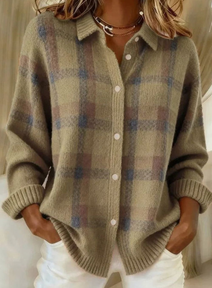 Women's Oversized Plaid Knit Button-Up Cardigan Jacket - Brown