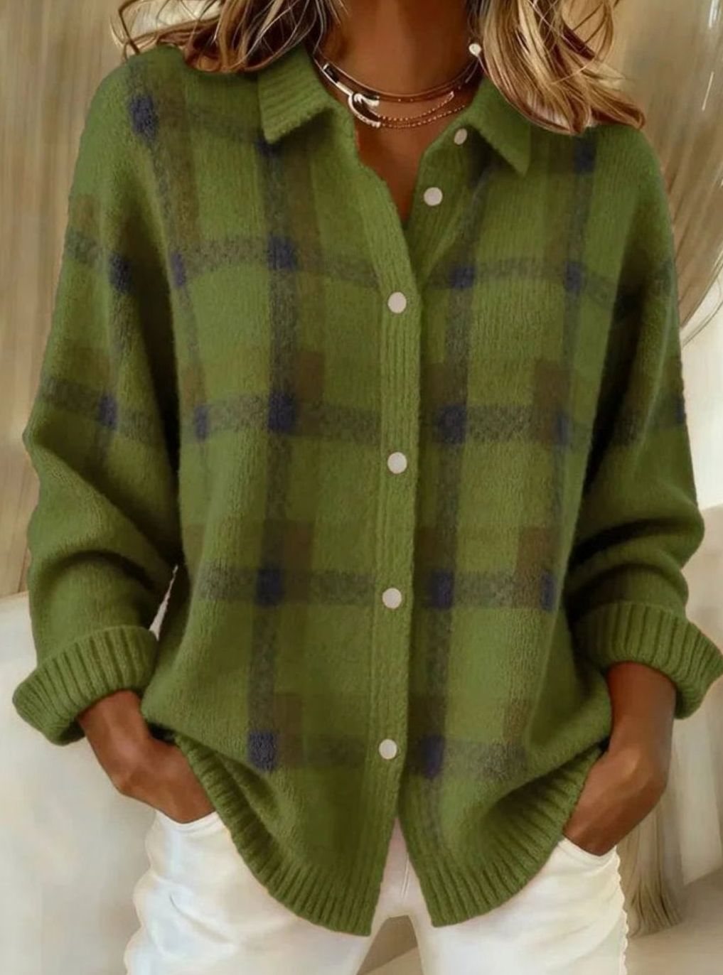Women's Oversized Plaid Knit Button-Up Cardigan Jacket - Green