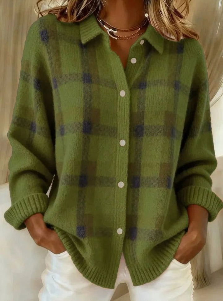 Women's Oversized Plaid Knit Button-Up Cardigan Jacket - Green