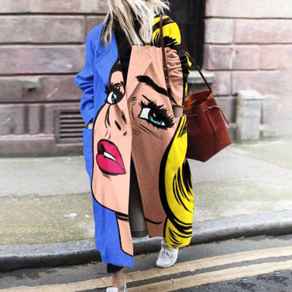 Women's Oversized Pop Art Print Long Trench Coat - Blue